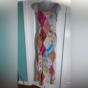 Sacred Threads Patchwork Maxi Dress Floral Boho M  Long Sleeveless Cottage  AA14